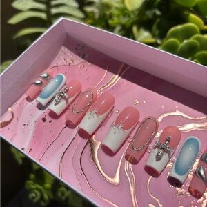 Pink and Blue Nail Set with Silver Accents